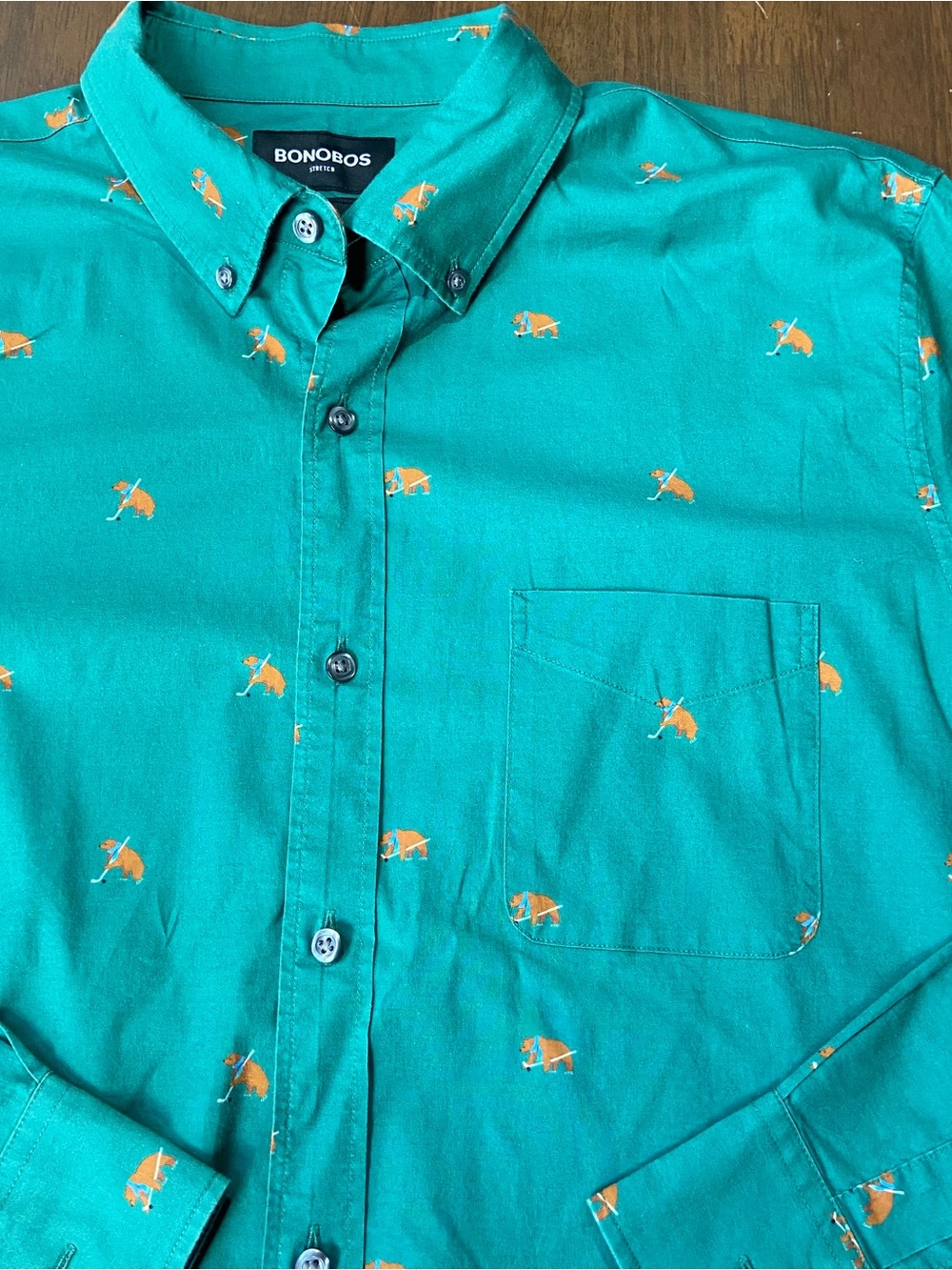 Bonobos Long Sleeve Shirt Mens L Green Hockey Bear Button Down Stretch Slim Fit
